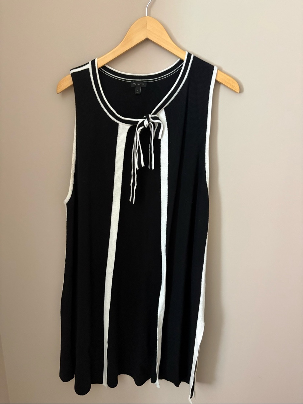 Talbots Knit Long Sweater Duster Vest Sleeveless Black White Size Large